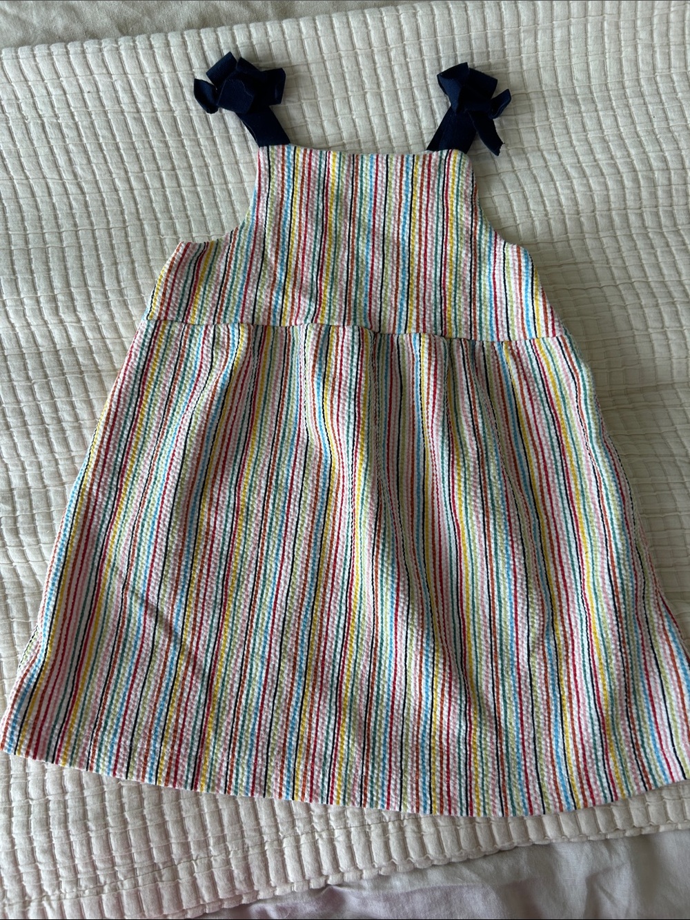 Girls' Multicolor Striped Sundress with Navy Ribbon Straps